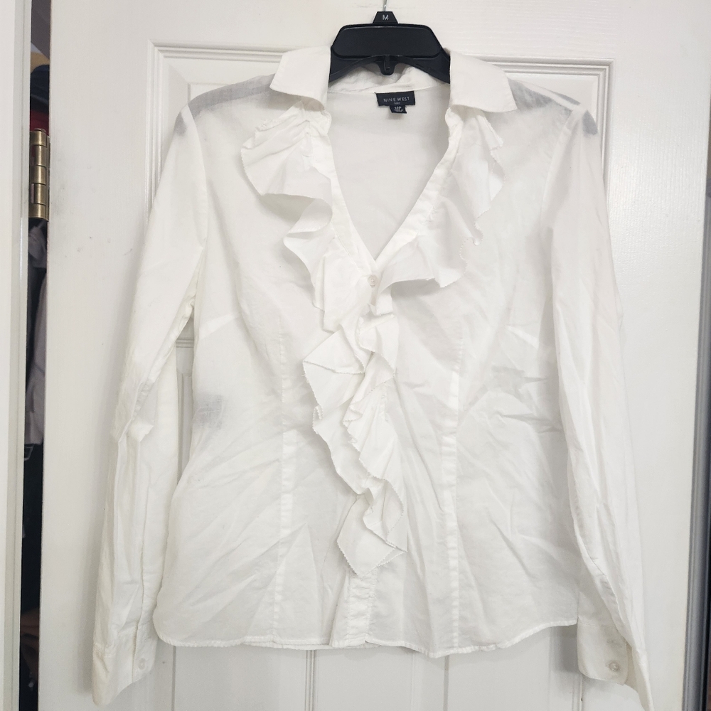 Nine West Suit Top White Ruffle Button Down Blouse